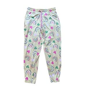 Briefly Stated Pajama Joggers Women Green Rainbow Heart Print Sleep Pants SIZE S